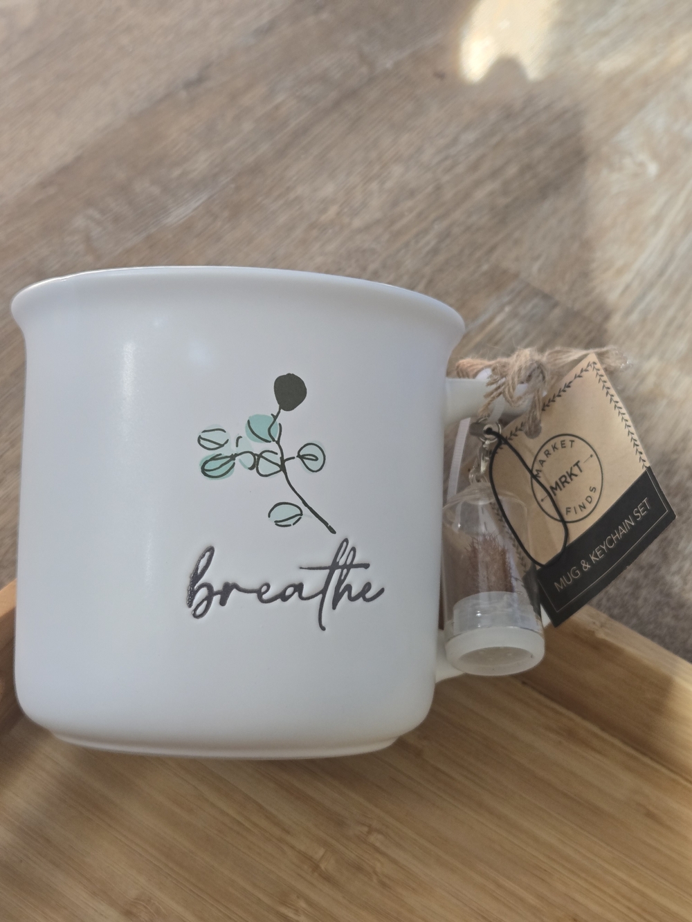 White Ceramic 'Breathe' Mug with Leaf Illustration and Cactus Plant Keychain Set